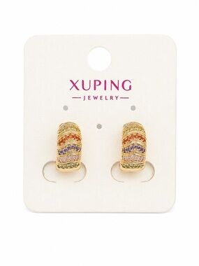 Xuping Rainbow CZ Huggie Hoop Earrings Gold Tone Multicolor New